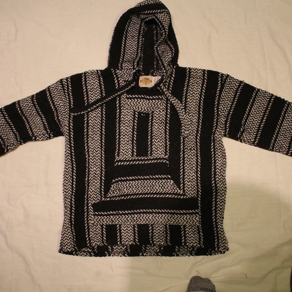 hippie baja knit poncho hoodie earthragz black and white - Picture 1 of 6